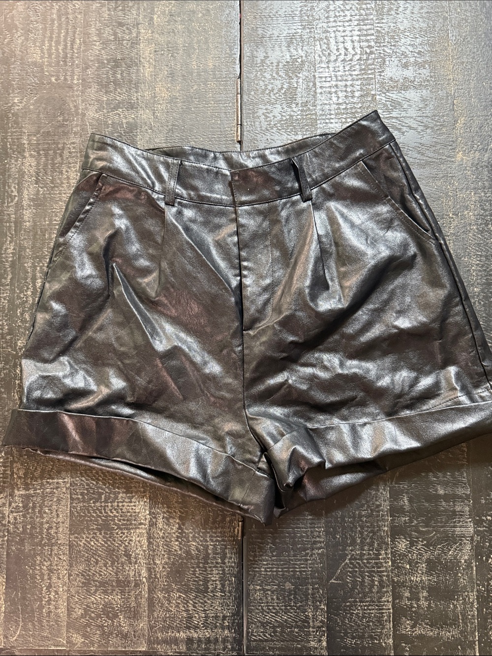 SHEIN Black Faux Leather High-Waist Cuffed Shorts